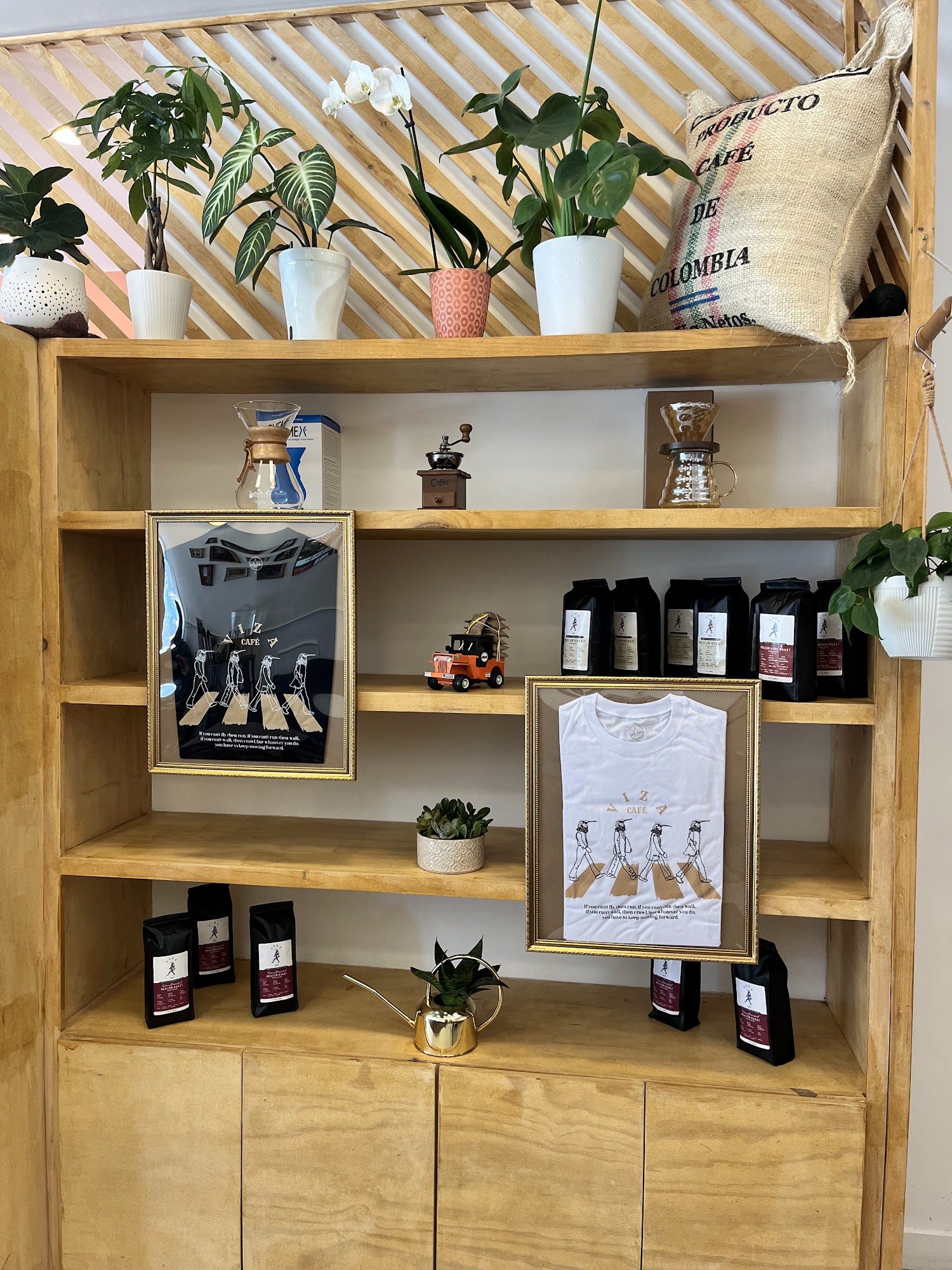 Coffee equipment, plants, and Colombia coffee sack on Viza Cafe shelving